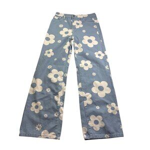 Shein Blue White Floral Print High Waisted Wide Leg Jeans Size Teen 14Y